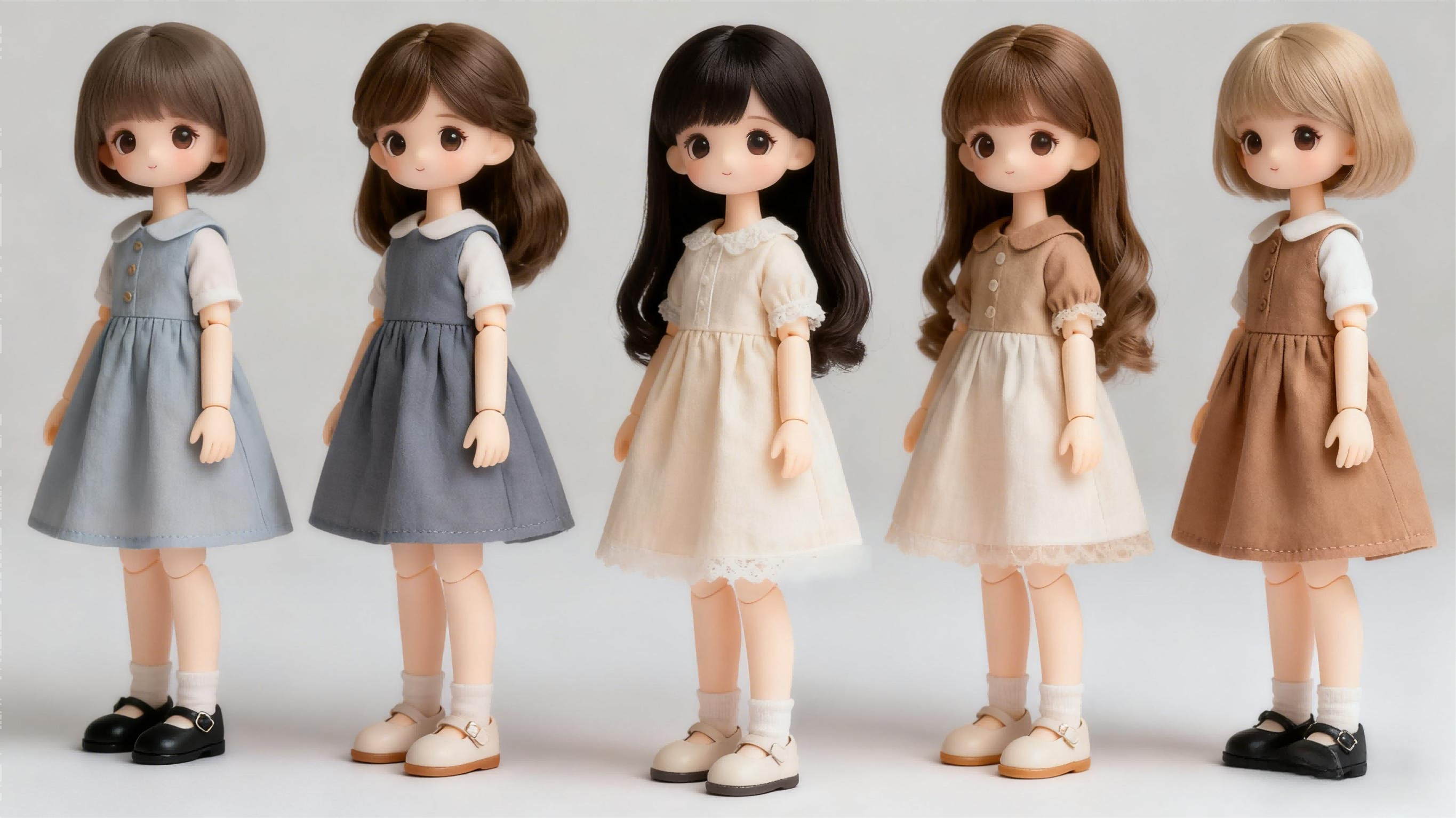 BJD doll wearing multiple simple skirts in different styles