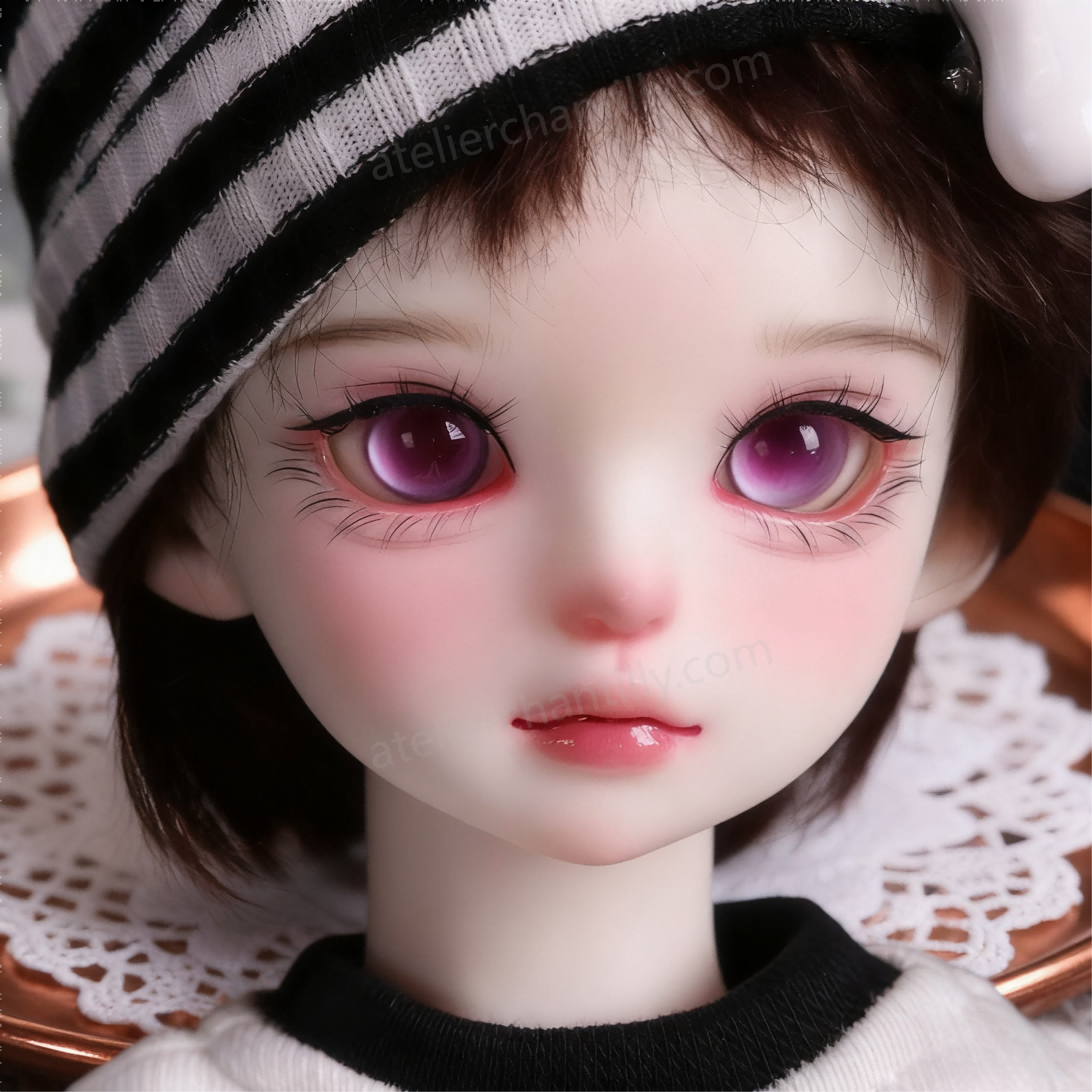 Purple glass BJD eyes for 1/4 dolls on a lace-covered copper tray - Atelier Chantilly