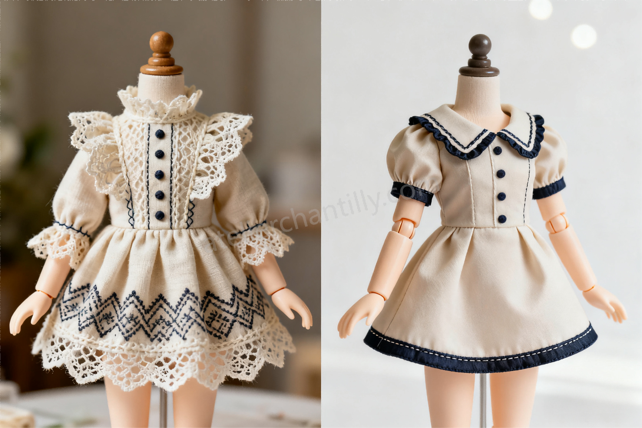 handmade vs factory made BJD clothes craftsmanship comparison - artisan sewn detailed couture vs mass produced garments with simple stitching