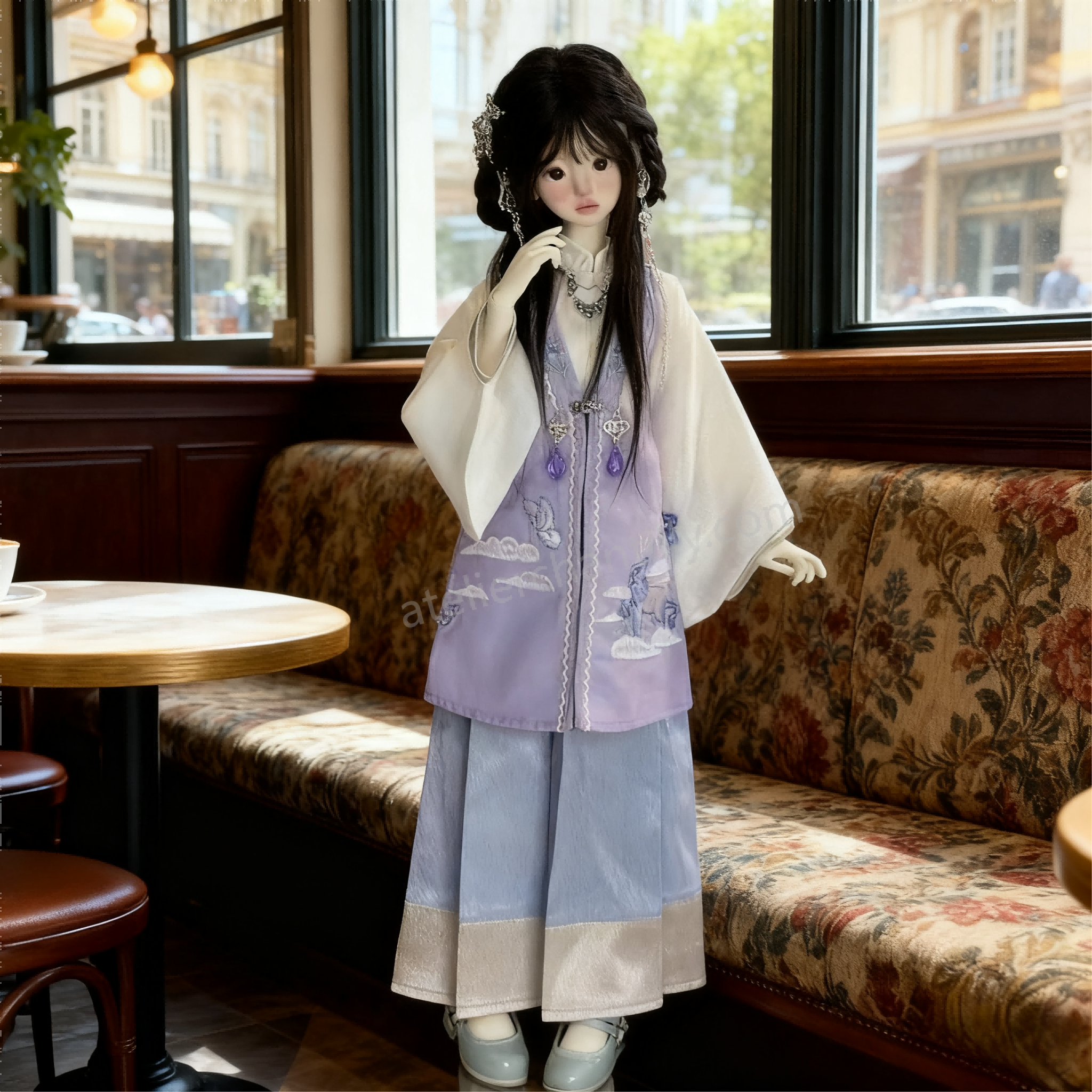 1/4 BJD doll showcasing purple hanfu outfit in a vintage café - Atelier Chantilly
