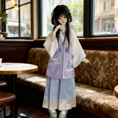 1/4 BJD doll showcasing purple hanfu outfit in a vintage café - Atelier Chantilly