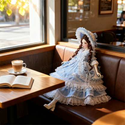 1/4 BJD doll in classic Lolita outfit at a cozy café with coffee and book - Atelier Chantilly