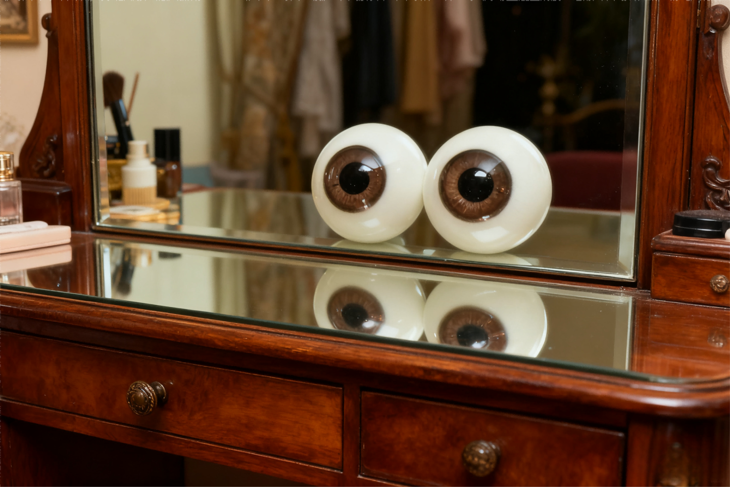 1/3 BJD glass eyes displayed on a vintage vanity mirror - Atelier Chantilly