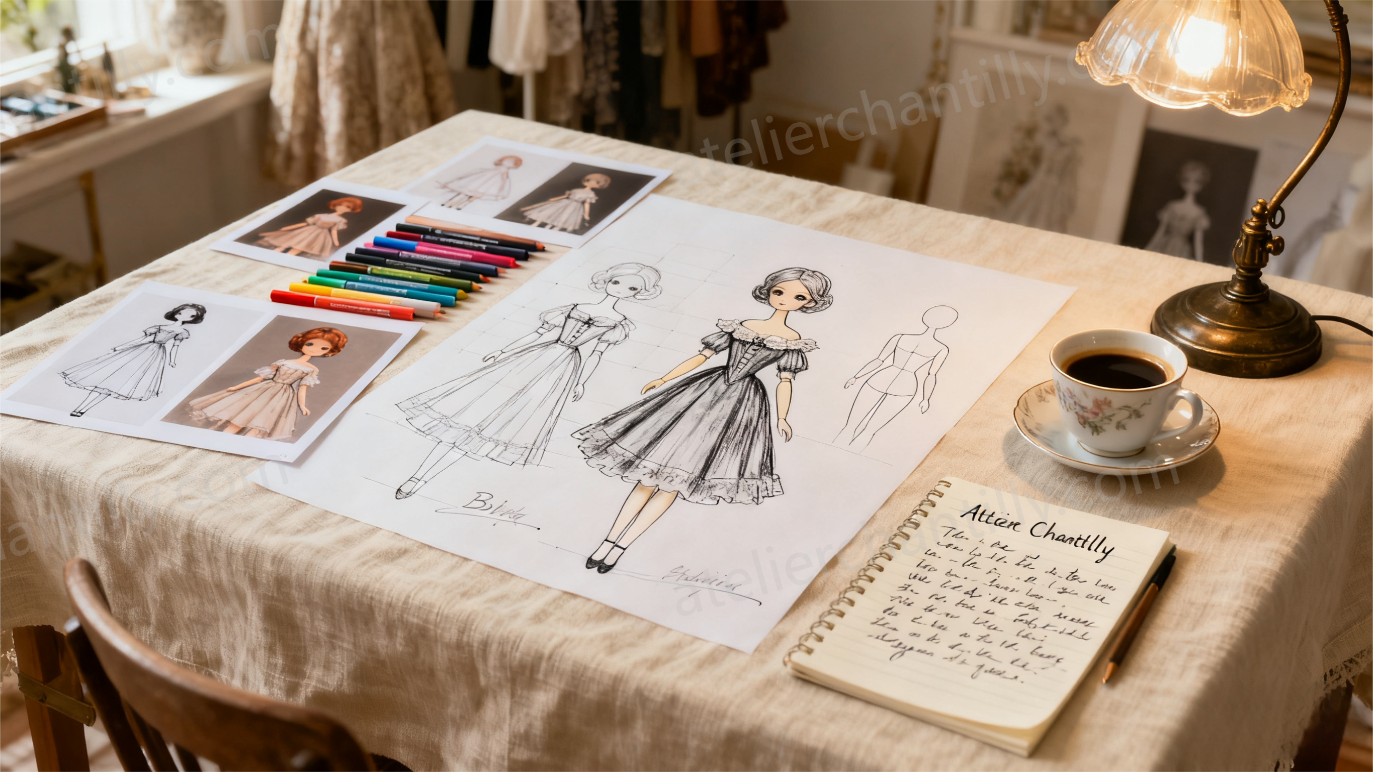 Atelier Chantilly custom BJD clothing design process - narrative concept sketches for handmade doll fashion
