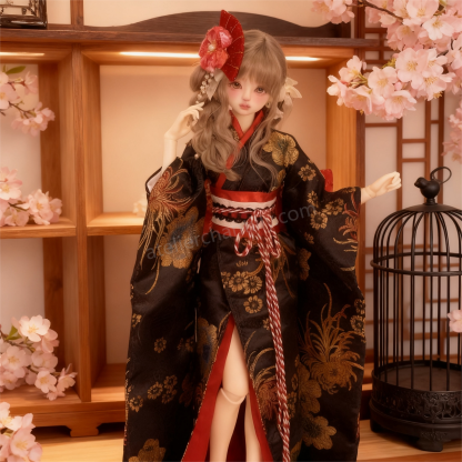 Luxurious Black Floral Kimono BJD Doll Outfit, Perfect for 1/4 Scale Dolls, Exquisite Details --A02-Atelier Chantilly