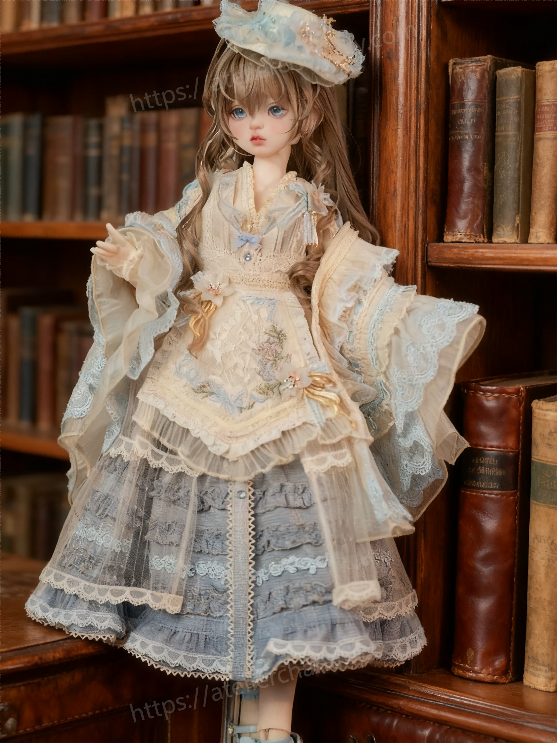 Luxury lace BJD outfit for 1/4 dolls by a vintage bookcase - Atelier Chantilly