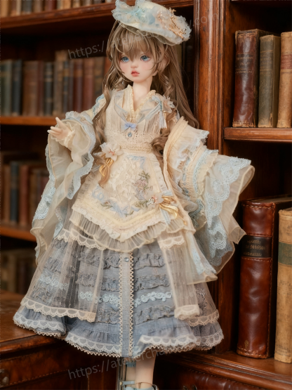 Luxury lace BJD outfit for 1/4 dolls by a vintage bookcase - Atelier Chantilly