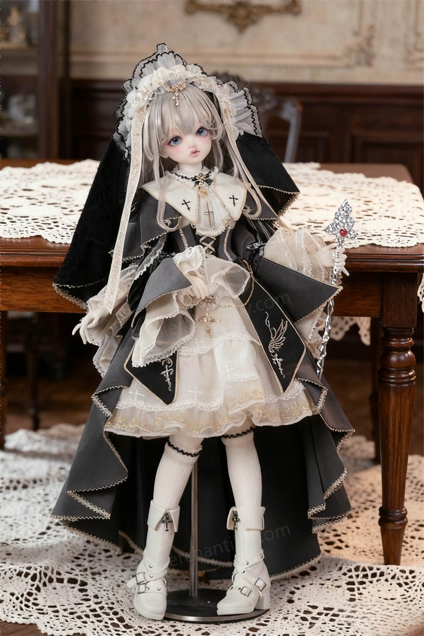 Gothic religious Lolita outfit for 1/4 dolls by a vintage lace table - Atelier Chantilly
