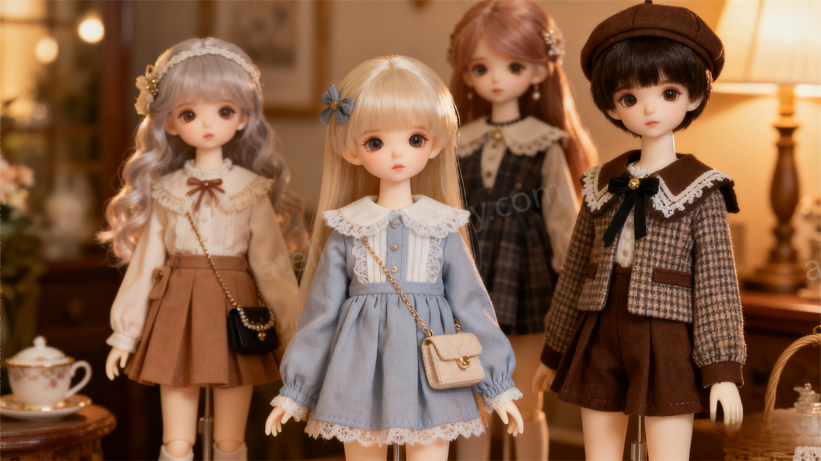 Beginner-friendly BJD dolls displayed in basic outfits with wigs and accessories