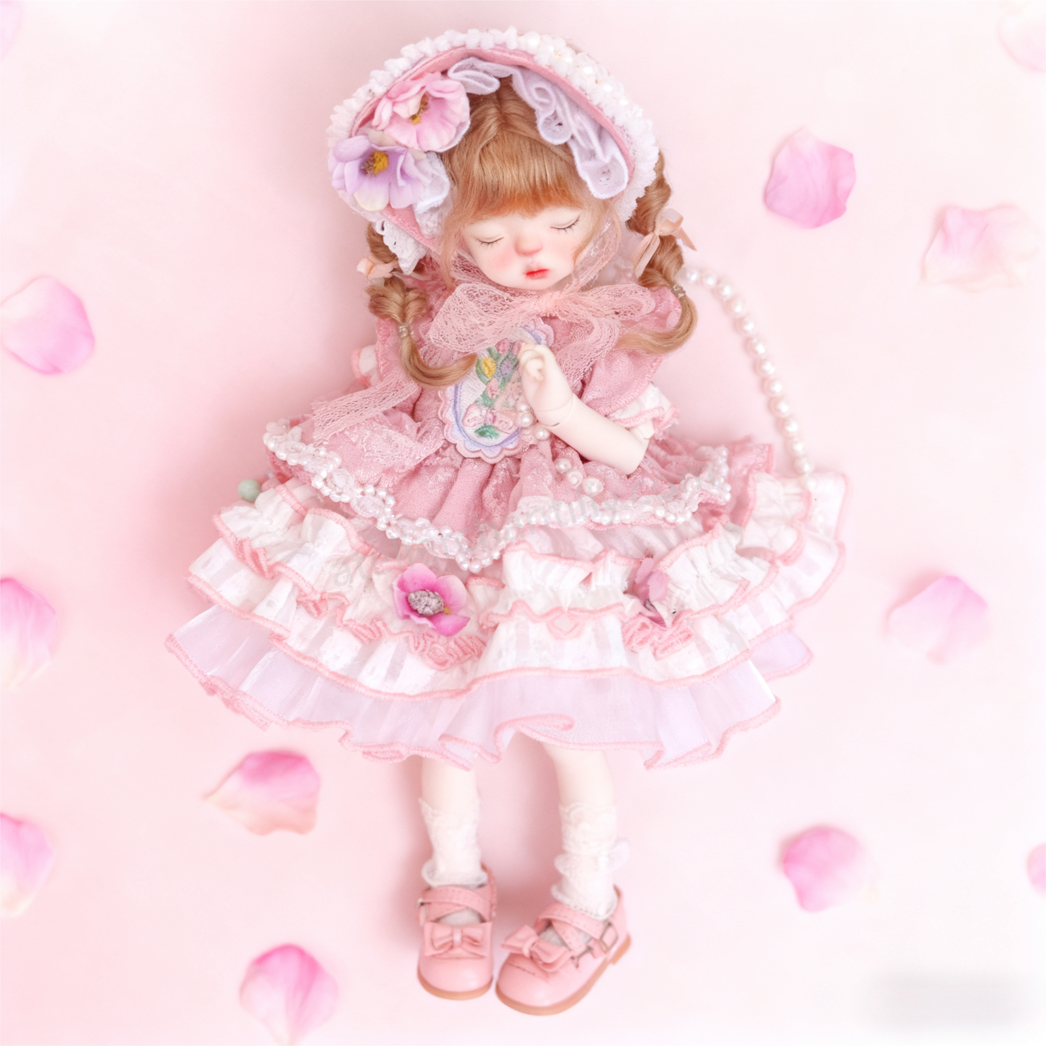 Cute Pink Floral Lace Dress for BJD Dolls, Perfect for 1/6 Scale Dolls, Exquisite Details --A04-Atelier Chantilly