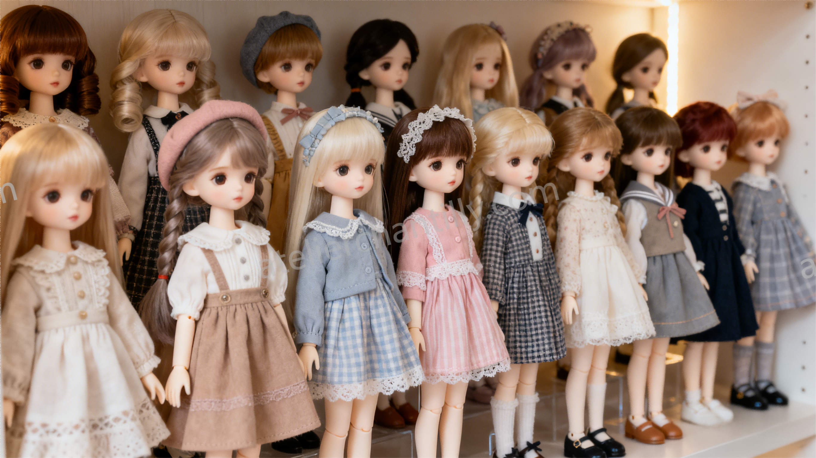 Beginner BJD clothing collection display with dolls in basic outfits and accessories