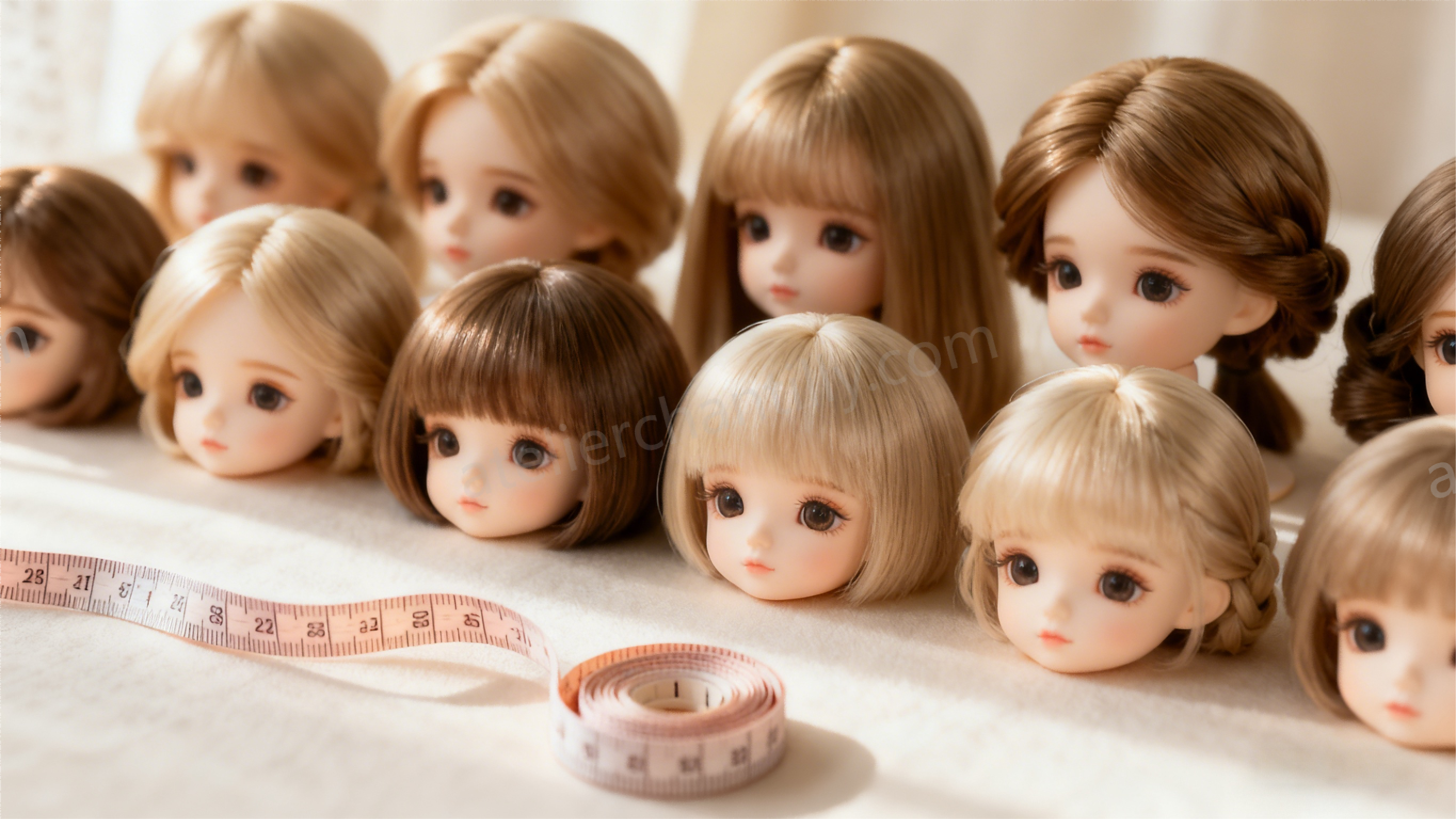 BJD wig size selection with various wigs and measuring tape displayed neatly