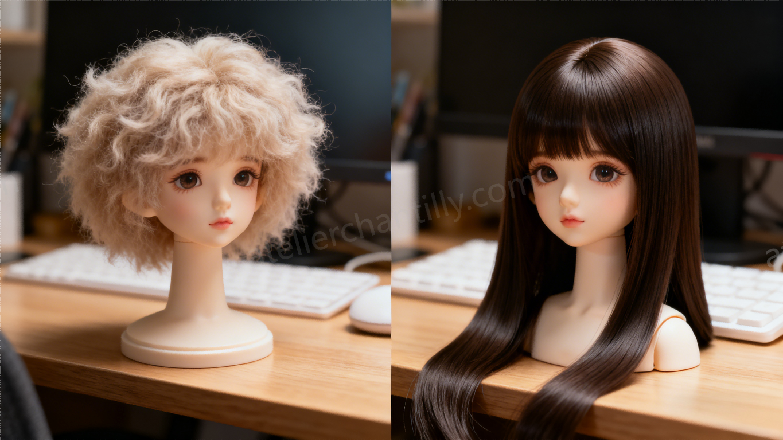 Comparison of mohair and synthetic BJD wigs side by side