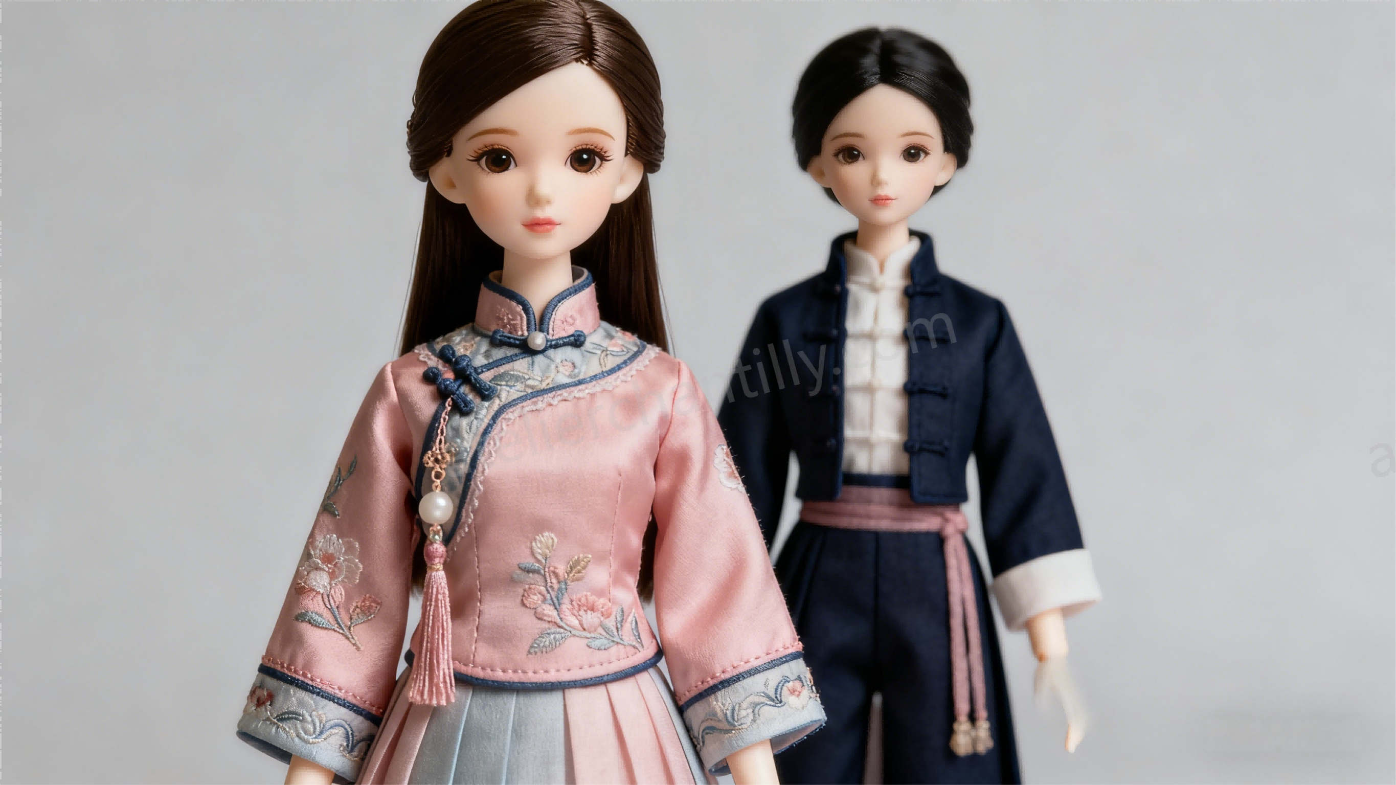 High-end BJD doll wearing detailed handmade clothing compared to simpler outfits