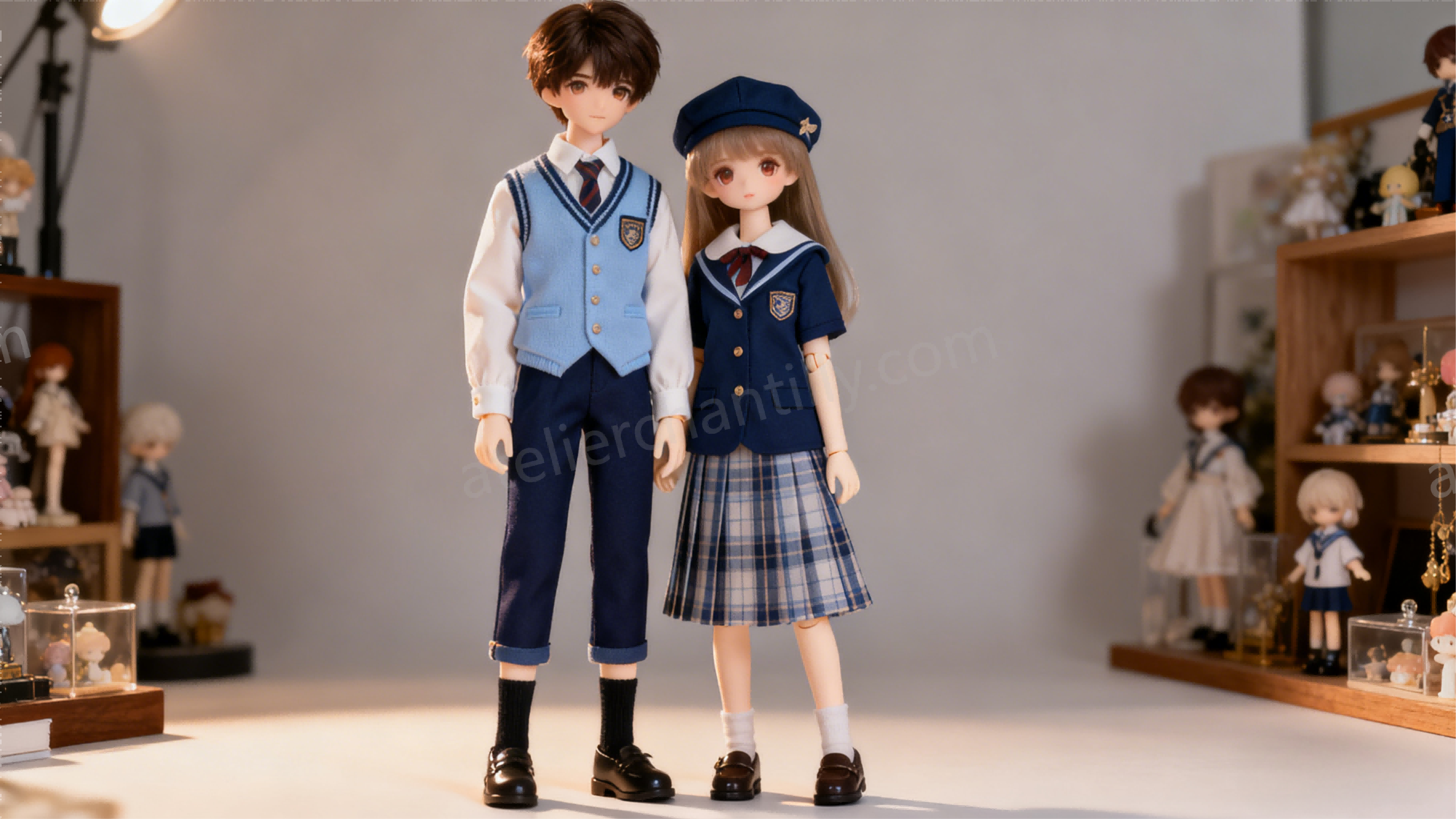 BJD couple wearing coordinated matching outfits in a romantic display