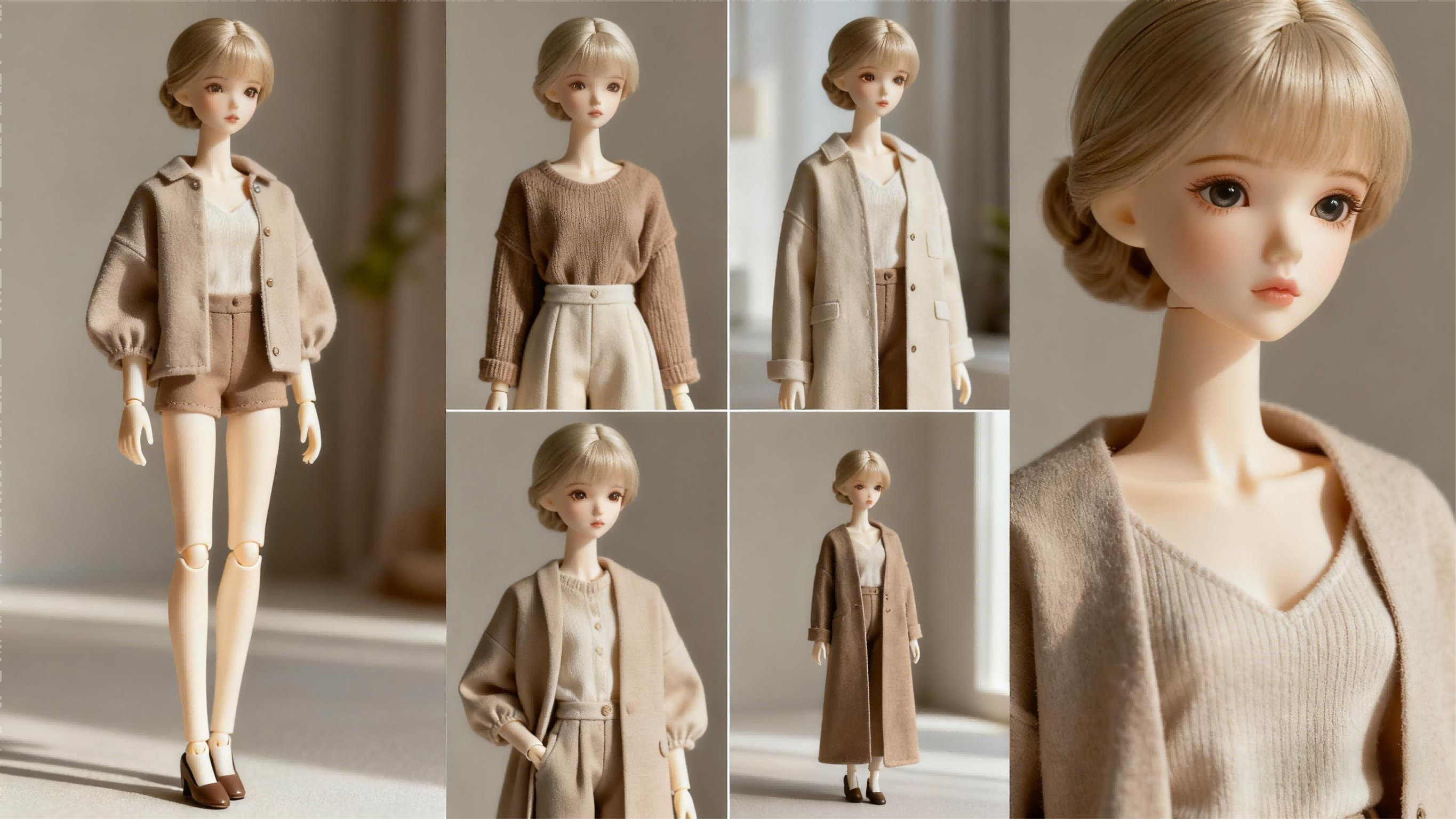 Modern minimalist BJD outfits in neutral colors, showcasing simple and elegant doll clothing