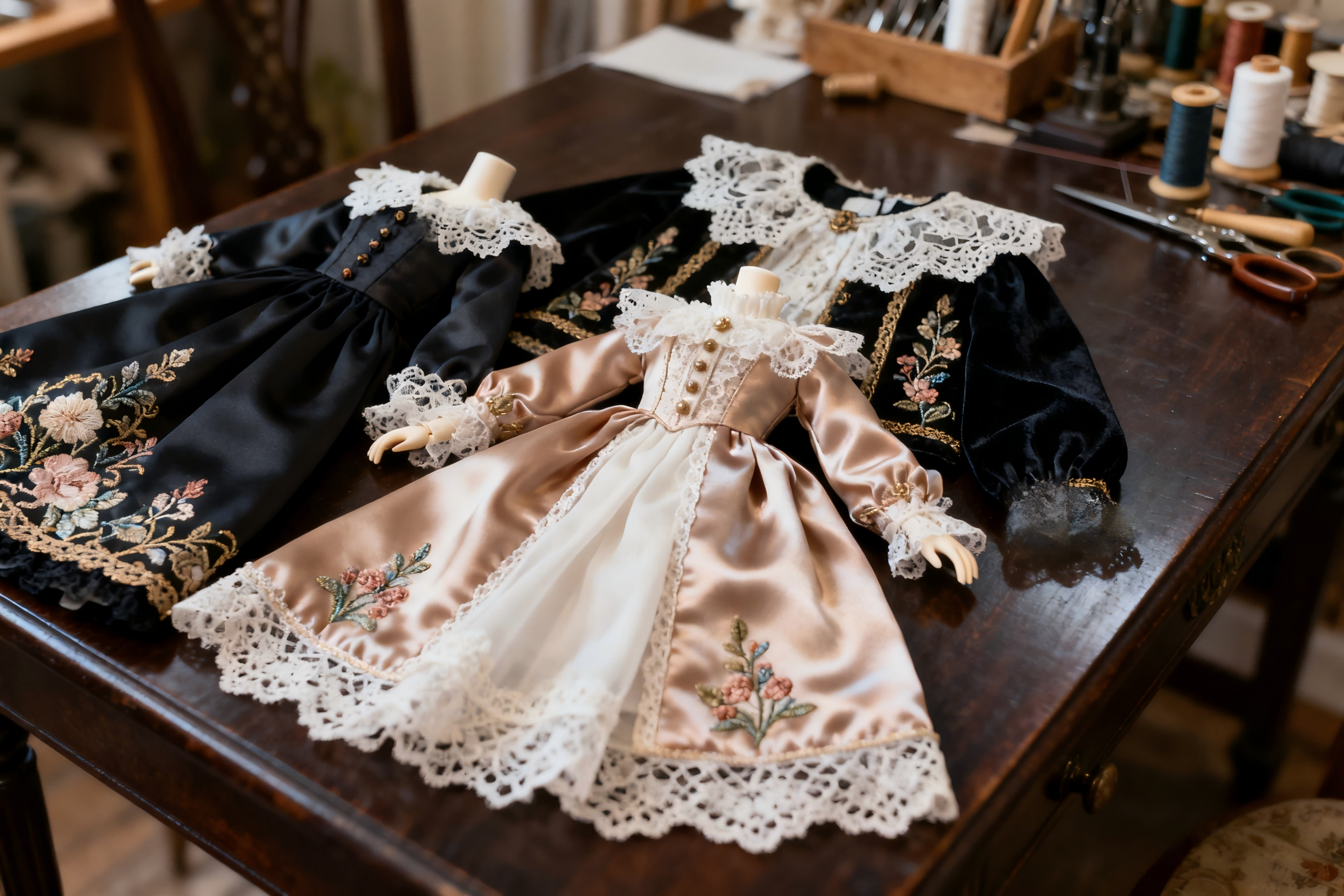 Custom handmade BJD clothing with fine fabrics and detailed craftsmanship