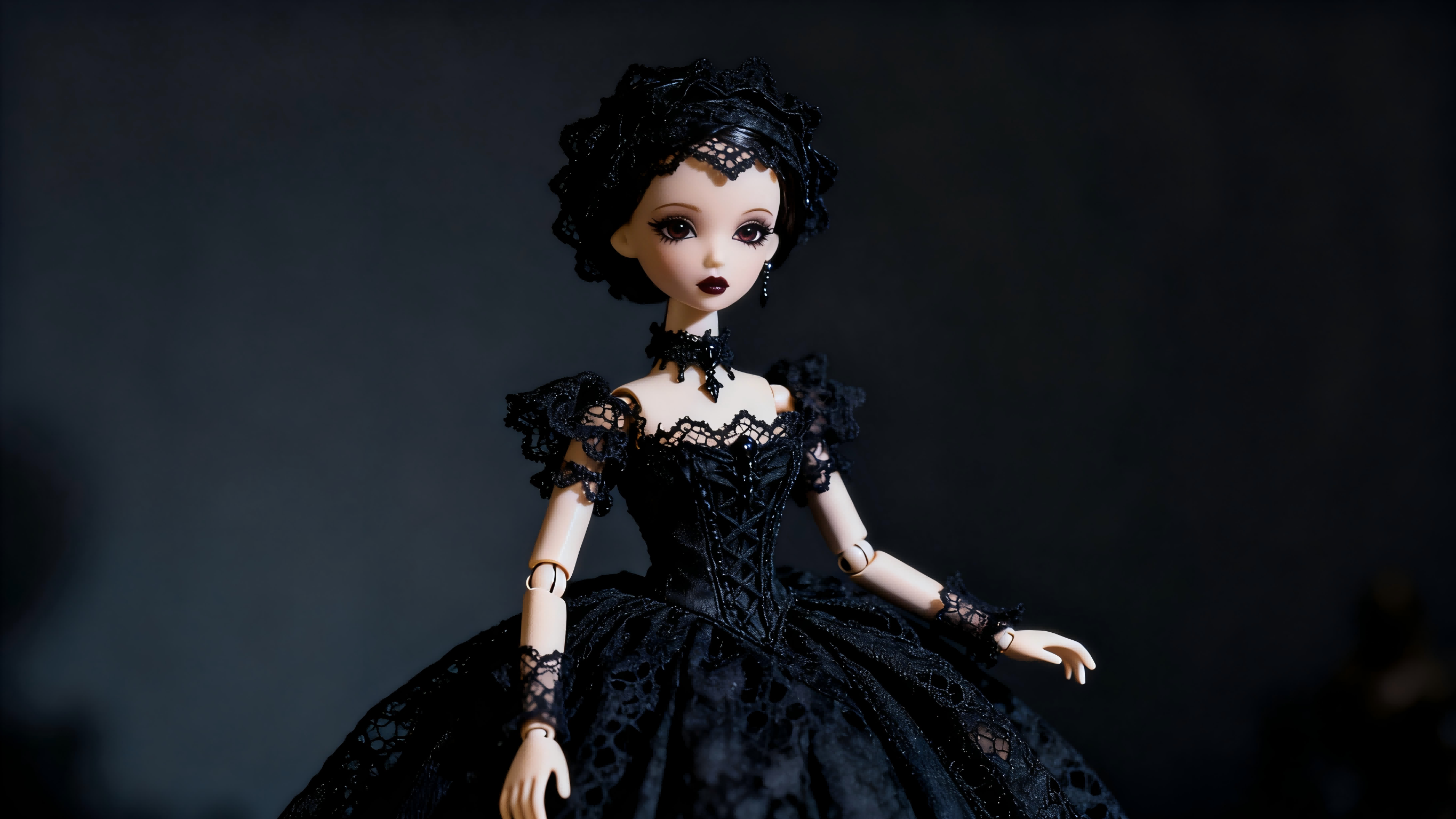 Gothic style BJD doll wearing handmade dark lace clothing
