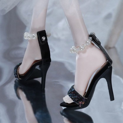 *White sequin pearl high heels for BJD dolls side view*