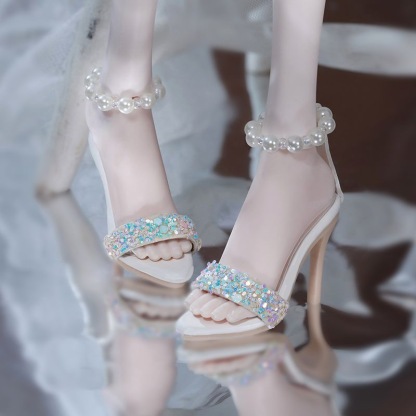 *Pair of white pearl ankle strap BJD doll sandals with sequins*
