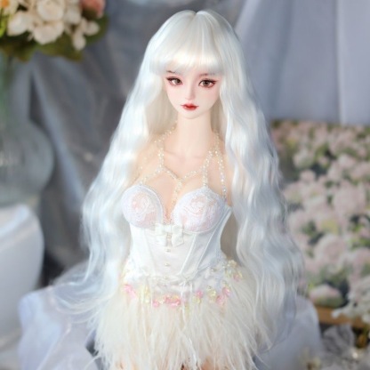 BJD doll wearing long blonde wavy wig from Atelier Chantilly