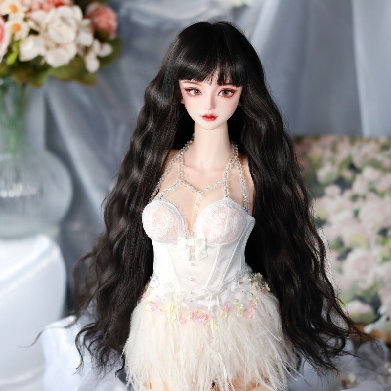 Elegant white BJD wig with lace outfit in soft lighting