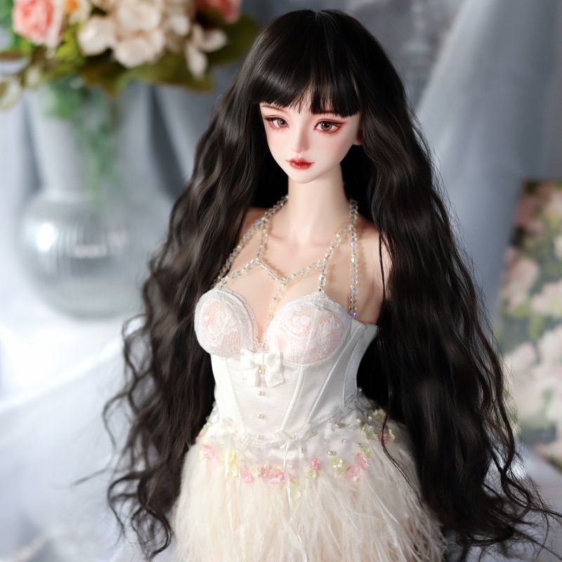 Light blue gradient wavy BJD wig styled in dreamy setup
