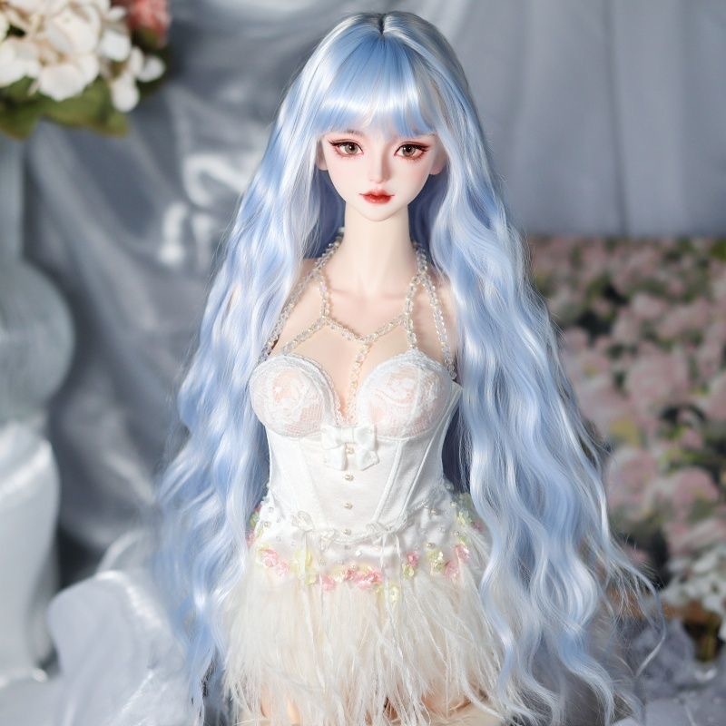 BJD doll with glossy black wig and white corset outfit