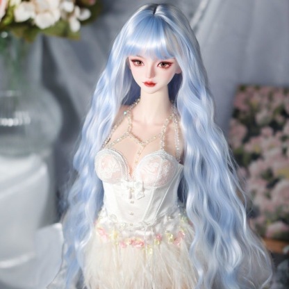 Black long wavy BJD wig styled on SD size doll