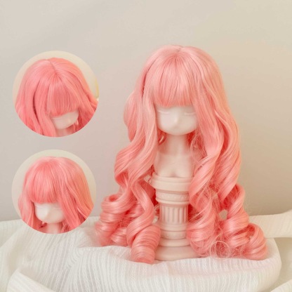Soft wavy BJD wig in light pink – long curls and natural bangs