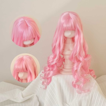 Sweet pastel pink curly doll wig displayed on mannequin