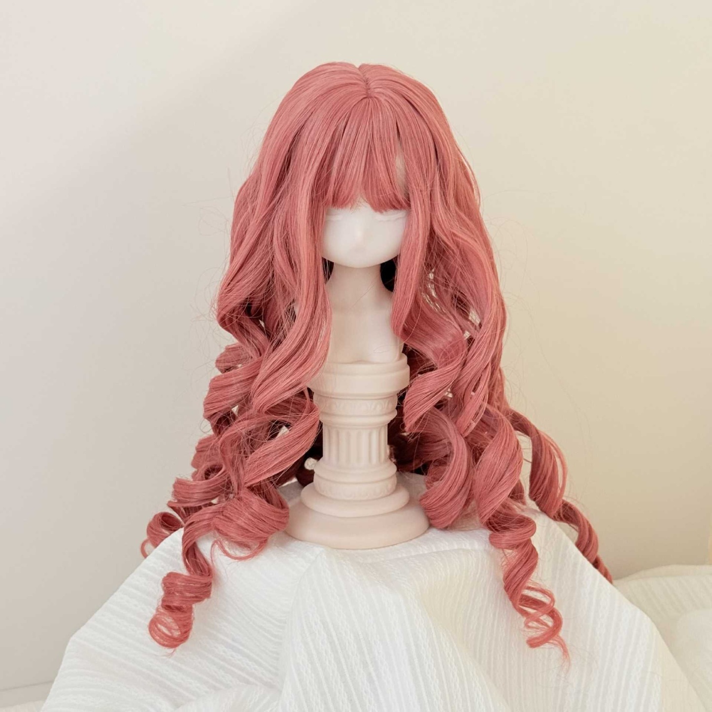 Soft rose BJD wig with natural fringe and big curls