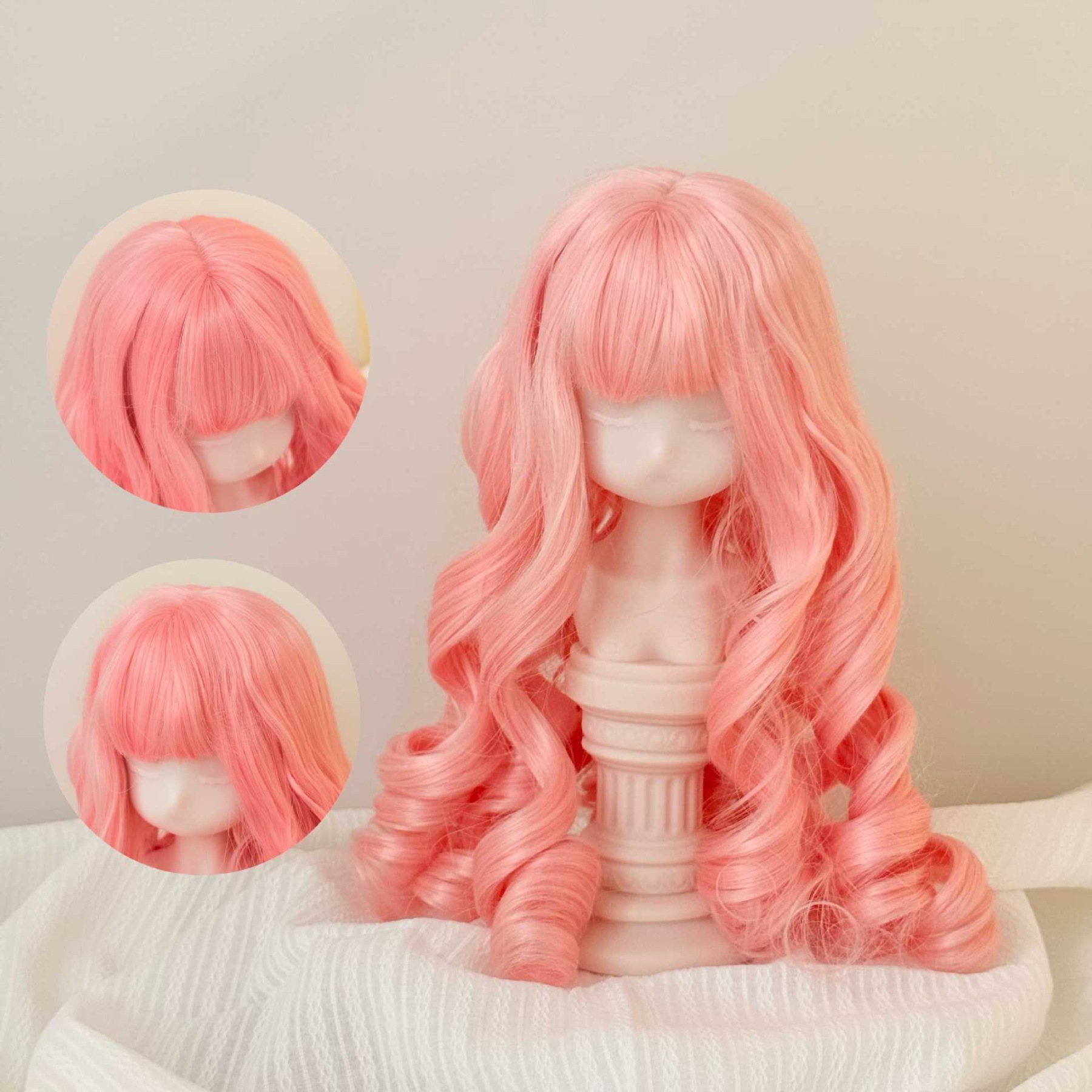 Curly pastel pink doll wig for 1/3 and 1/4 BJD dolls