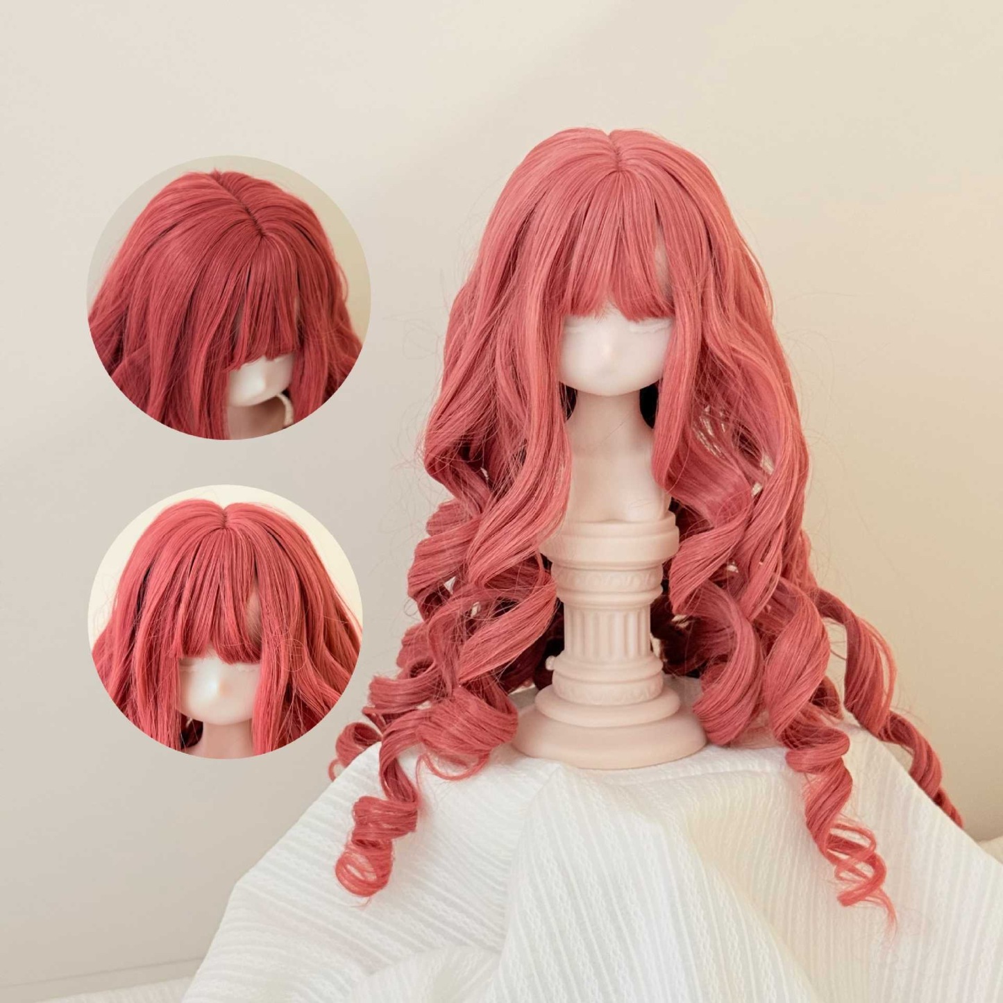 Light pink BJD wig close-up showing detailed curls and texture