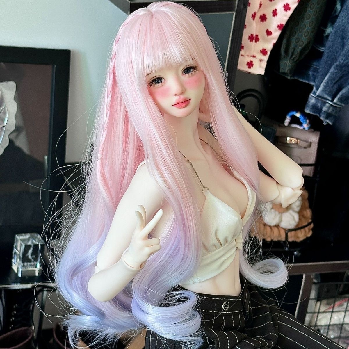 BJD doll wearing pink lavender gradient long wig – Atelier Chantilly exclusive design