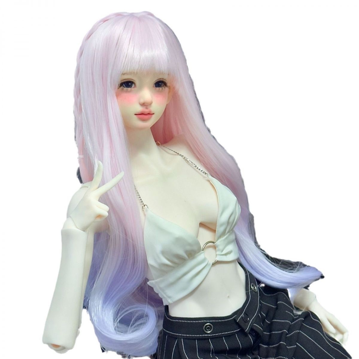 BJD wig pastel pink and lavender gradient with white headphones – dreamy aesthetic
