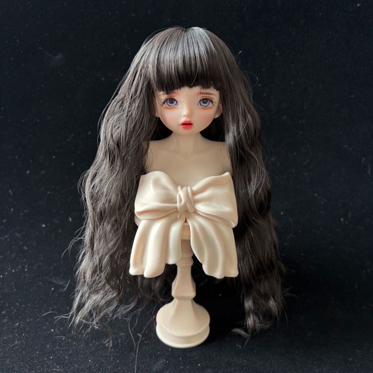 White BJD doll wig with natural curls and front bangs