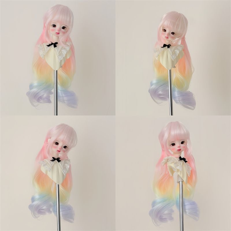 Side view of BJD doll pastel rainbow hair with soft curls