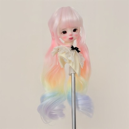 BJD wig pastel ombre hair in pink, yellow, mint, and lavender