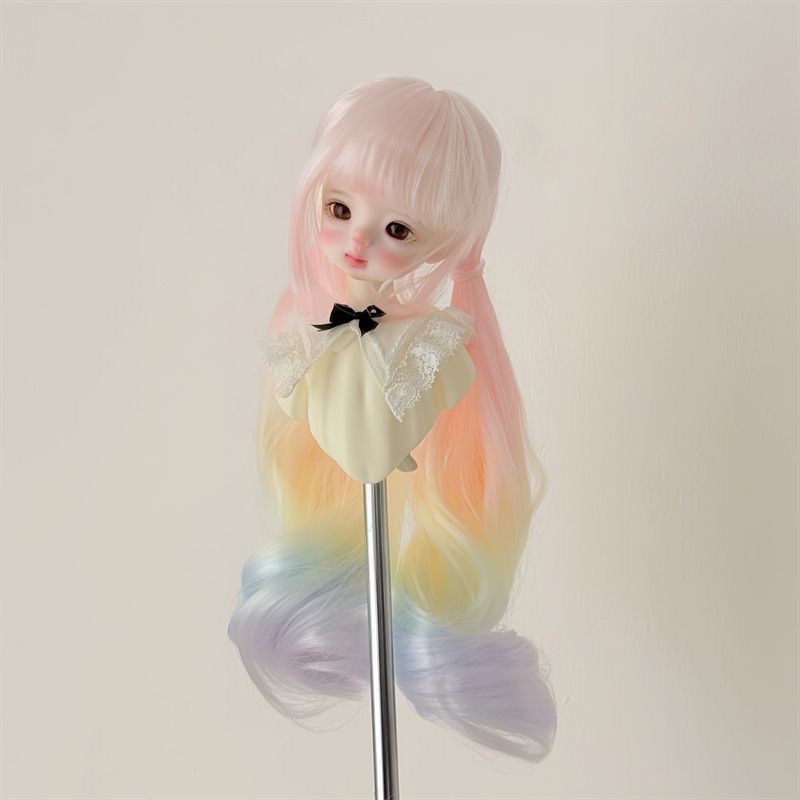 ALT 1: BJD doll wig pastel rainbow gradient with pink bangs front view