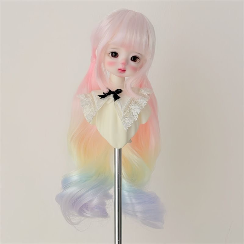 Long pastel rainbow BJD wig with lace collar detail