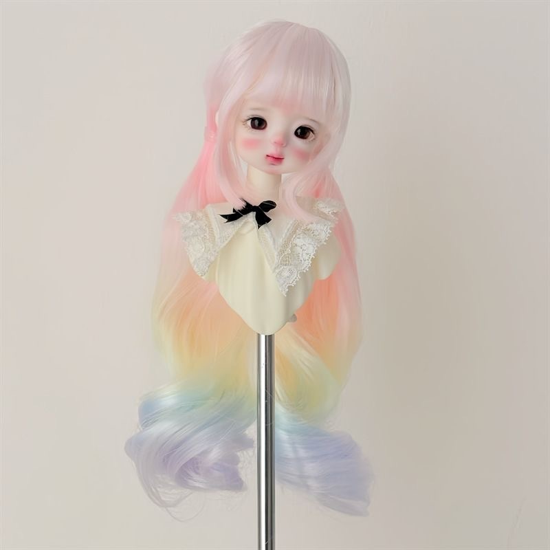 Long pastel rainbow BJD wig with lace collar detail