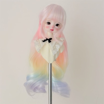Long pastel rainbow BJD wig with lace collar detail