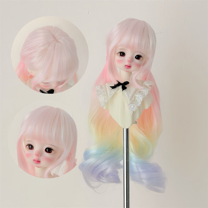 Top and close-up details of pastel rainbow BJD wig with bangs