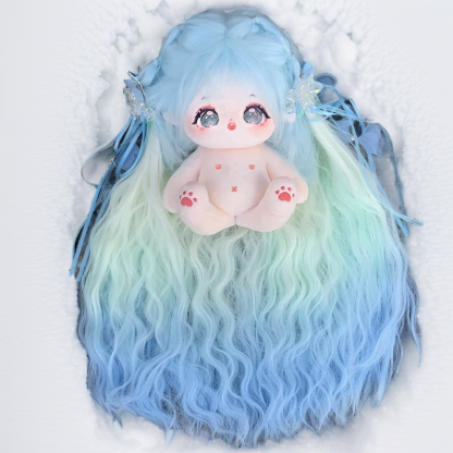 Blue-green gradient long wavy BJD doll wig styled with flowers and accessories