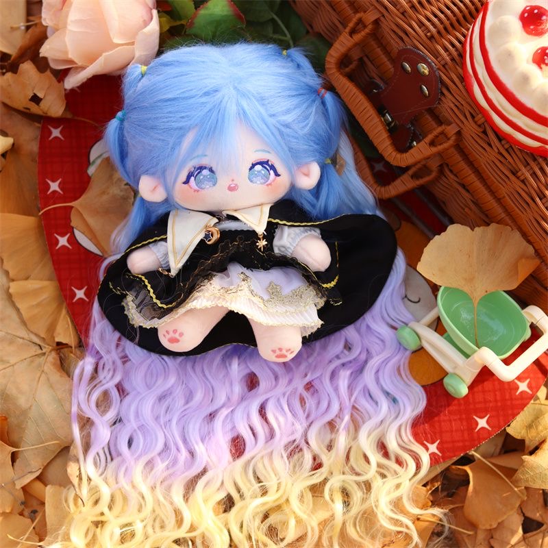 Fantasy-style BJD doll with blue hair and purple-yellow gradient curls in a basket scene