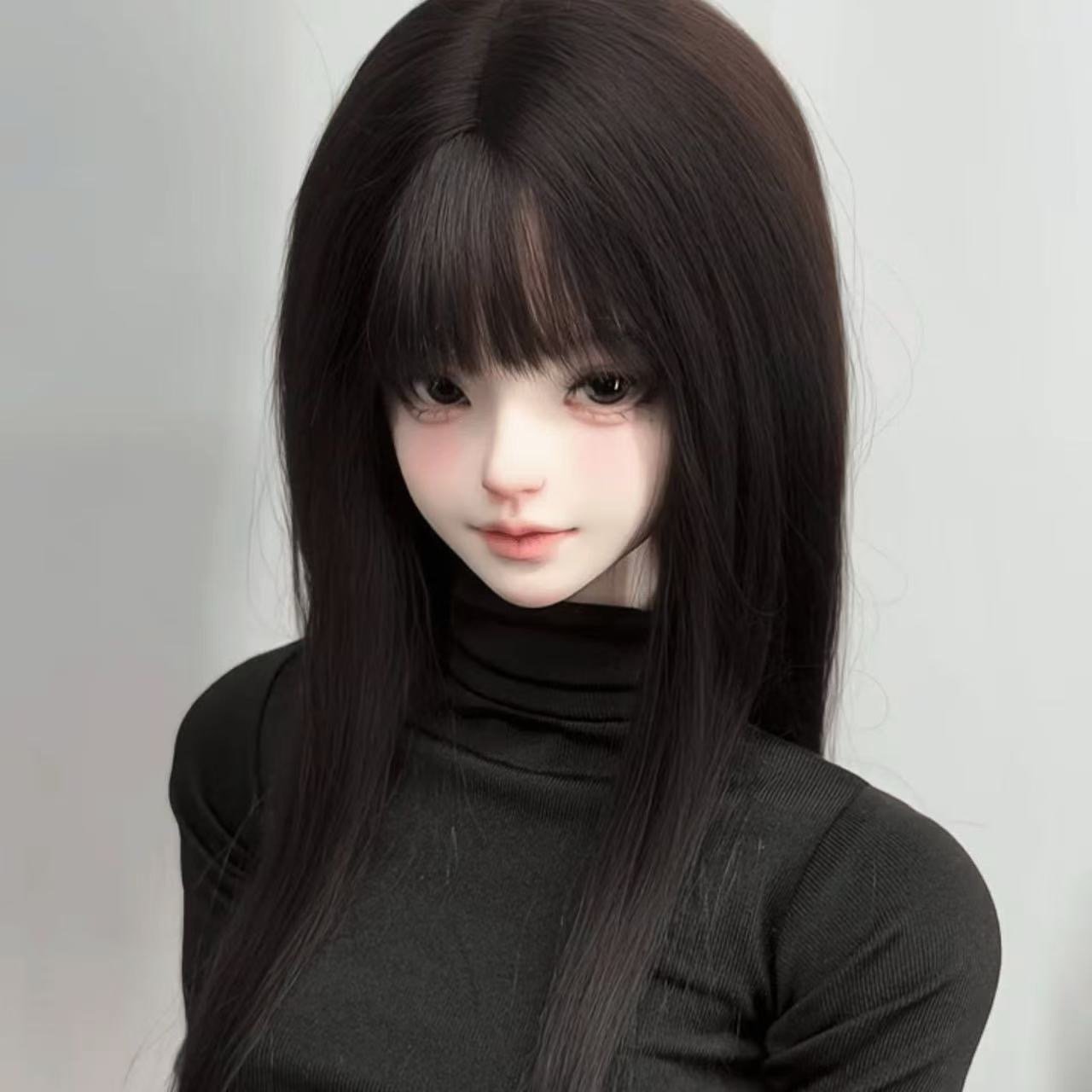 Long straight black wig on BJD doll – side profile close-up with natural shine