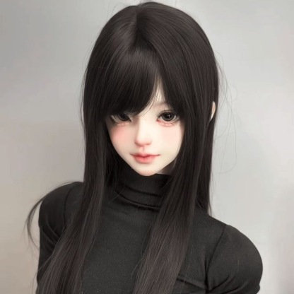 BJD doll wearing long black wig with soft bangs – elegant and realistic hairstyle