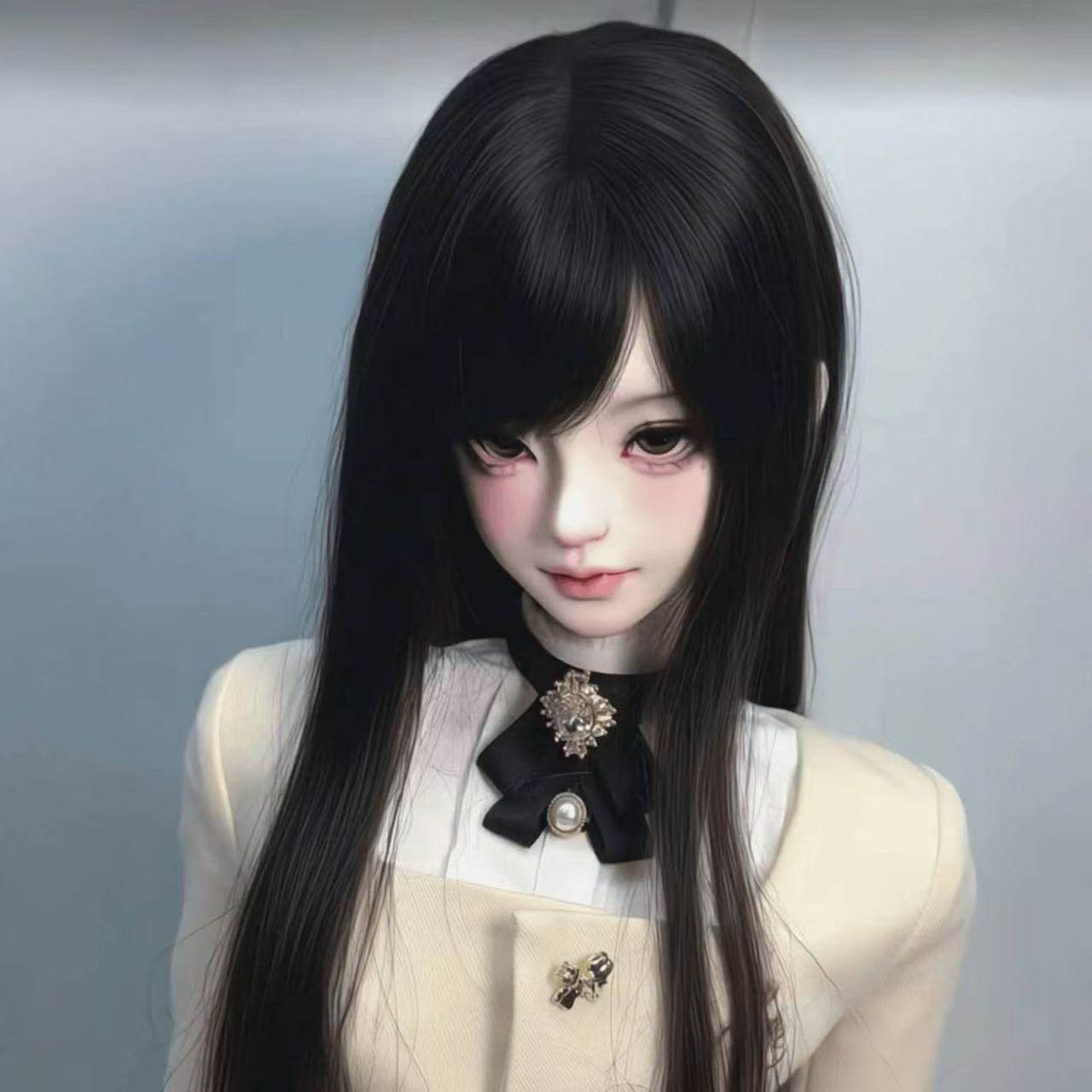 Black long wig for BJD doll – smooth layered synthetic hair in natural lighting