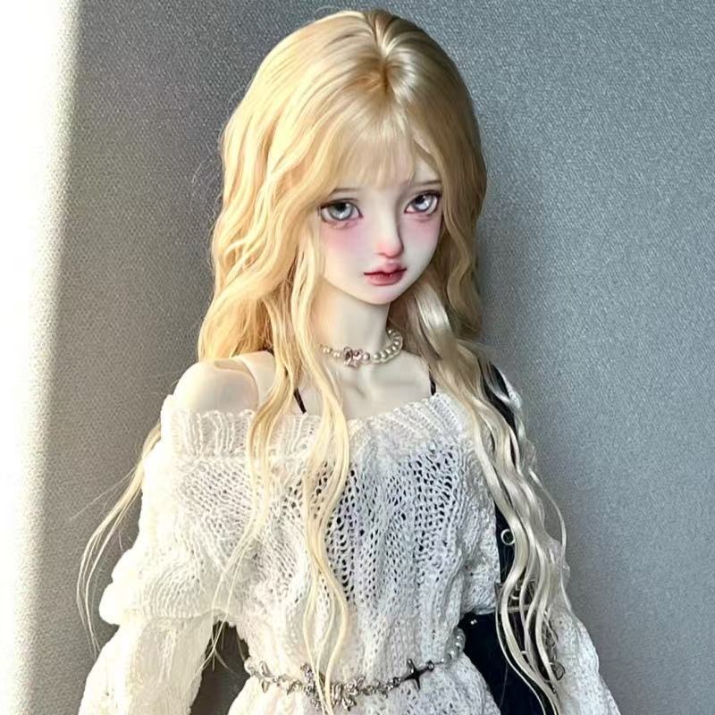 Handmade long wavy BJD doll wig styled for photography display